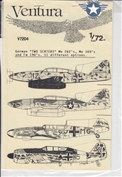 VENTURA DECALS 1/72 GERMAN TWO SEATERS ME 262, ME 109'S & FW 190'S 11 DIFFRENT OPTIONS