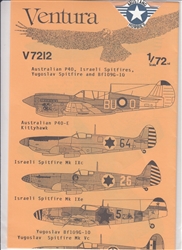 VENTURA DECALS 1/72 AUSTRALIAN P-40, ISRAELI SPITFIRES, YUGOSLAV SPITFIRE & Bf 109G-10